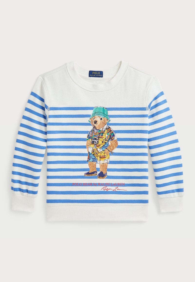 White and blue striped sweatshirt featuring a bear illustration in colorful clothing, with red text below stating "POLO BEAR by RALPH LAUREN."
