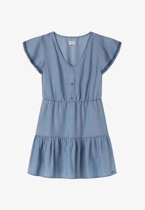 Šviesiai mėlynas džinsinis suknelė su V formos iškirpte, mygtuko priekyje, trumpomis plazdančiomis rankovėmis, elastingu liemeniu ir sluoksniuotu raukšlėtu apvadu.
