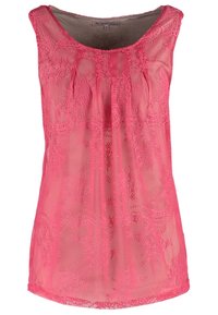 Haut sans manches en dentelle rose avec motifs floraux, encolure ronde et détails plissés sous le col. L'étiquette de taille indique "Anna Field" 36.