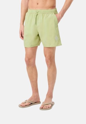 Hombre con pantalones cortos de color verde claro con cordón y chanclas beige, de pie con una mano en el bolsillo sobre un fondo blanco.