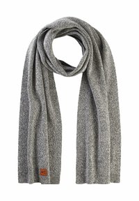 Gray knit scarf with a soft texture, featuring a subtle pattern and a small brown leather tag. Designed to be worn wrapped around the neck.