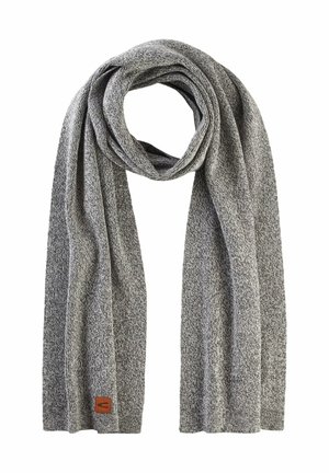 Gray knit scarf with a soft texture, featuring a subtle pattern and a small brown leather tag. Designed to be worn wrapped around the neck.