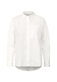 Camicia bianca con bottoni realizzata in cotone, caratterizzata da un colletto classico, maniche lunghe e una singola tasca sul petto con orlo arrotondato.