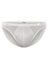 Weiße Baumwollslips mit glatter Textur, elastischem Bund und konturiertem Pouch, die für Komfort und Passform entwickelt wurden.