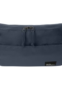 Sacchetto di tessuto blu con una finitura testurizzata, chiusura con doppia cerniera e corde regolabili. Presenta una patch con logo sulla parte anteriore.
