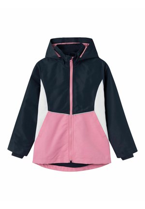 Kurtka w blokach kolorów w odcieniach granatu, bieli i różu. Posiada kaptur i zamek błyskawiczny na całej długości z przodu, elastyczne mankiety oraz luźny krój.