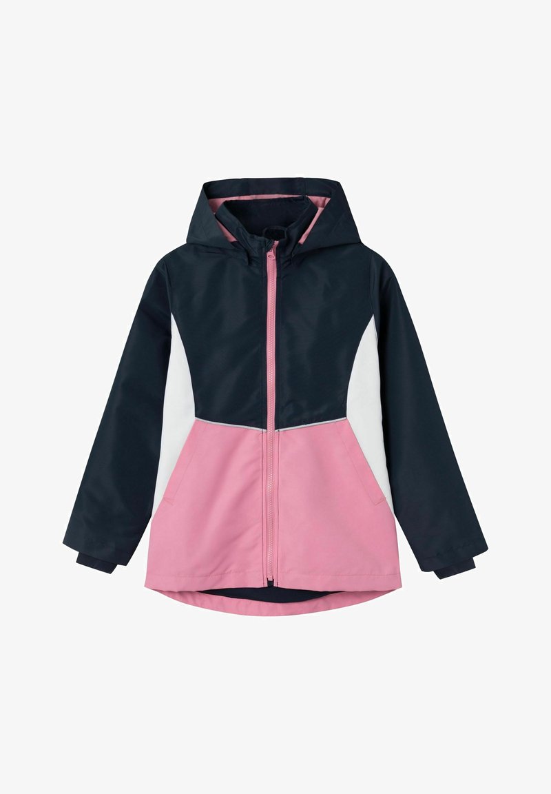 Veste à blocs de couleurs comprenant des sections bleu marine, blanc et rose. Comprend une capuche et une fermeture éclair complète à l'avant, avec des poignets élastiques et une coupe décontractée.