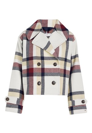 Cropped double-breasted coat in cream with red, navy, and yellow plaid pattern. Notable large collar and buttons on cuffs. Soft fabric.