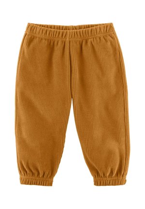 Bruine geribde broek met elastische tailleband en elastische boorden, ontworpen voor een comfortabele pasvorm.
