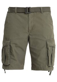 Pantaloni cargo verde oliva realizzati in cotone, dotati di cintura, tasche laterali e lacci regolabili all'orlo per una vestibilità sicura.