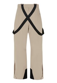 Pantalon large marron clair avec bretelles croisées réglables noires et renforts noirs au niveau des chevilles intérieures.