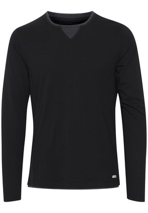 Černé tričko s dlouhým rukávem vyrobené z měkké tkaniny, s V-výstřihem a šedým lemem, a malou nášivkou s logem v levém dolním rohu.