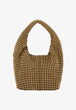 Metallic guld- og sort taske med et gittermønster og tekstureret overflade, der har et rundt håndtag og et blødt, slaskende design.