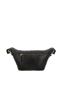 Bolso de hombro de cuero negro con forma redondeada, que cuenta con un bolsillo con cremallera en la parte frontal y acentos de hardware en tono dorado. Textura suave con costuras mínimas.