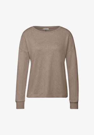 Hellbrauner Pullover mit langen Ärmeln und einem Bootsausschnitt. Er verfügt über gerippte Bündchen und eine subtile strukturierte Oberfläche, gefertigt aus einem weichen Material.