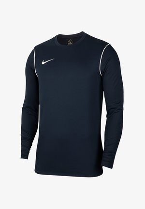 Maglietta atletica a maniche lunghe blu marina realizzata in tessuto leggero e liscio. Presenta un logo Nike bianco e cuciture bianche a contrasto lungo le spalle.
