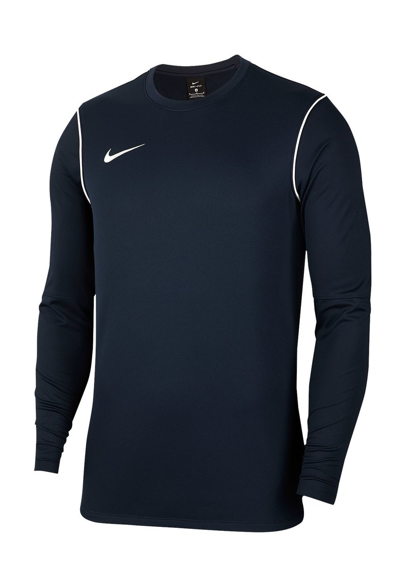 Maglietta atletica a maniche lunghe blu marina realizzata in tessuto leggero e liscio. Presenta un logo Nike bianco e cuciture bianche a contrasto lungo le spalle.