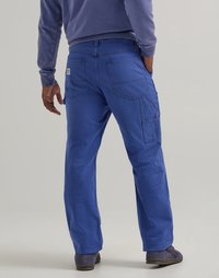Blue corduroy trousers with a straight leg design, featuring back pockets and side cargo pocket, paired with a matching textured sweater.