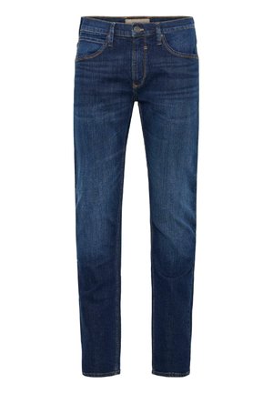 Donkerblauwe denim jeans met een klassiek ontwerp, rechte snit, vijf zakken stijl en subtiele vervaging. Stiknaden met topstitch en metalen knoopsluiting.