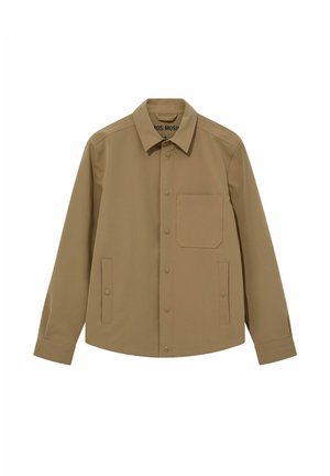 Khakifarvet skjortejakke med lange ærmer, krave, en brystlomme og to sidelommer med knappelukning.