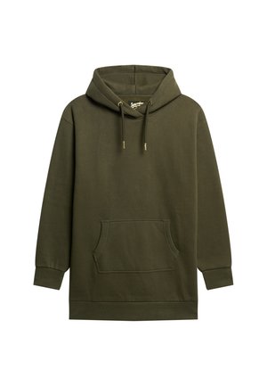 Sudadera con capucha verde oliva con bolsillo frontal, capucha con cordón y cintura acanalada. Tela de algodón suave, ajuste relajado y diseño minimalista.