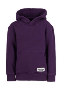 Sudadera morada con un bolsillo tipo canguro en la parte frontal, puños y dobladillo acanalados. Presenta una etiqueta en el bolsillo con el texto "Band of Rascals".
