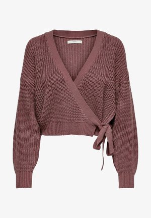 Suéter cropped de estilo envolvente en un suave color malva, con una textura de punto grueso, escote en V profundo y mangas largas con puños de canalé y detalle de lazo.