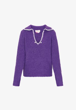 Purple knitted sweater with a V-neck, contrasting white collar trim, and decorative buttons on the front. Constructed from soft, textured material.