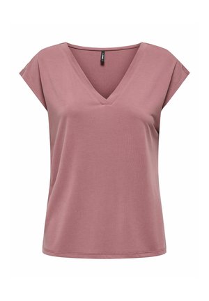 Różowy t-shirt z dekoltem w serek wykonany z miękkiego materiału, krótki rękaw i luźny krój. Minimalistyczny design z gładką teksturą, bez widocznych wzorów.