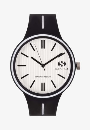 Reloj de silicona negro con una esfera plateada redonda, que presenta estrías verticales, marcadores de hora negros y un logo de la marca. Corona plateada en el lado.