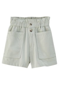 Světlé zelené šortky s vysokým pasem, dvěma velkými předními kapsami, elastickým pasem a dvojitým knoflíkovým zapínáním. Vyrobené z texturované bavlněné tkaniny.