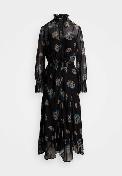 Pikk must kleit, millel on õhuline lilleline muster sinise ja beeziga, kõrge kaelus rufflesidega, rõhutatud vöökoht ja voolav seelik.