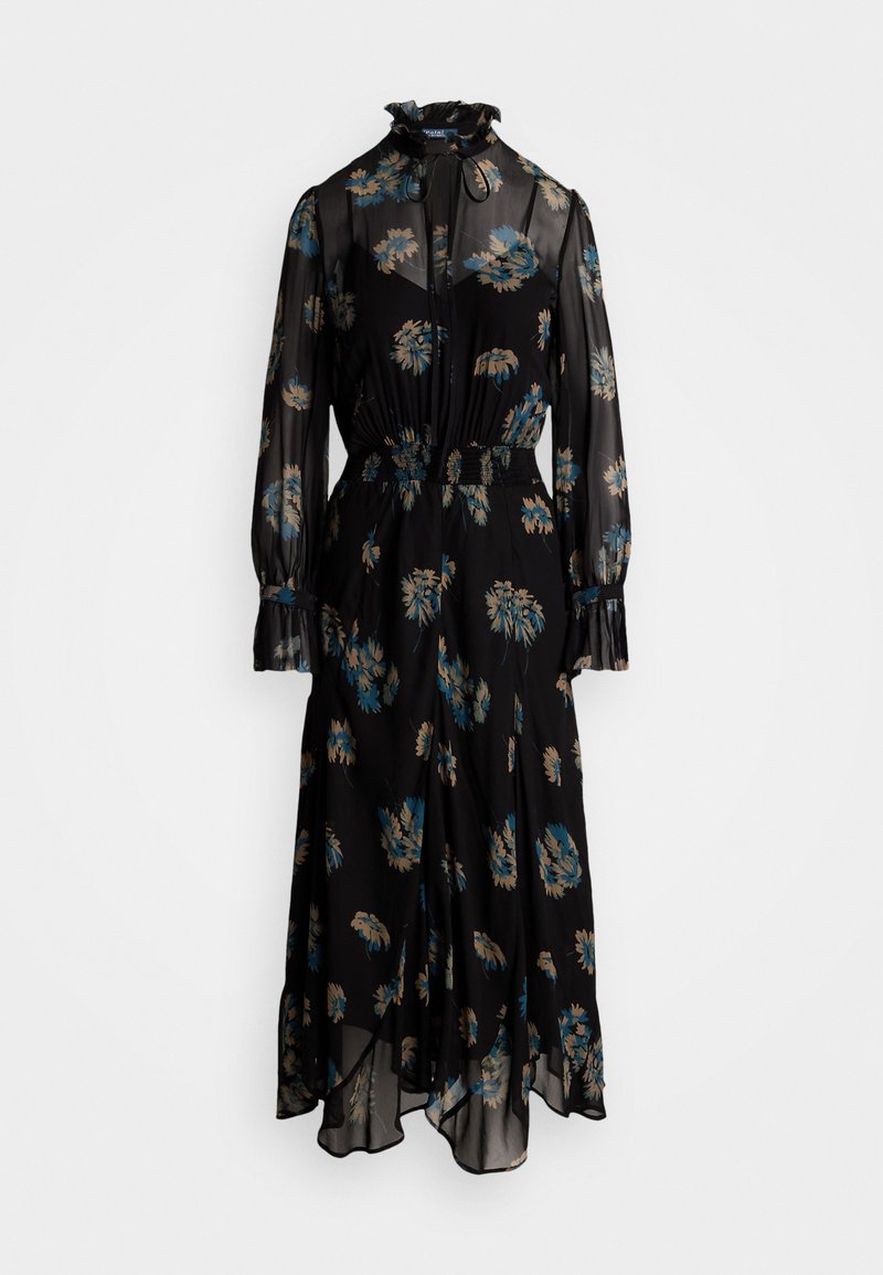 Lång svart klänning med genomskinlig blommönster i blått och beige, hög hals med volanger, åtsittande midja och flödande kjol.