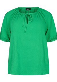 Blusa verde a maniche corte realizzata in tessuto testurizzato, con scollatura rotonda e dettaglio con fiocco, dal design morbido.