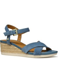 Blauwe suède wedge sandaal met een geweven jute tussenzool, kruislussen, enkelband en gespsluiting. Gelaagd oppervlak en rubberen buitenzool.