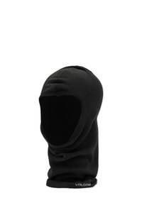 Balaclava en polaire noir avec une texture lisse, un design sans coutures, et un logo brodé au bas. Couvre la tête et le cou.