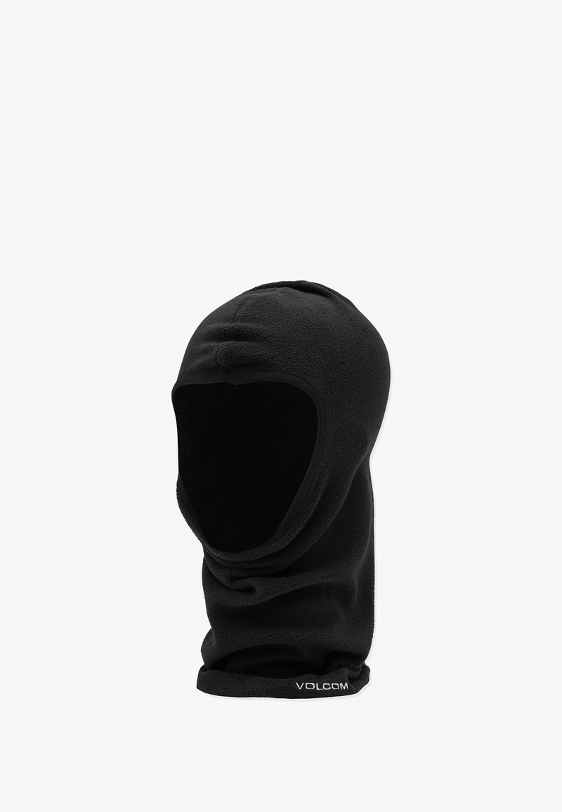 Balaclava en polaire noir avec une texture lisse, un design sans coutures, et un logo brodé au bas. Couvre la tête et le cou.