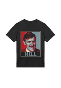 Black T-shirt with a stylized portrait of a man in red and blue tones, with the word "HILL" in capital letters below the image.