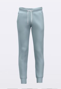 Pantaloni de trening albastru deschis cu talie elastică și șnur alb. Textură moale, croială conică și manșete tricotate la glezne.