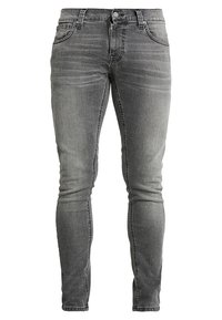 Bleka grå skinnyjeans av denim, med dragkedja, knappstängning och fem fickor med kontrasterande sömdetaljer.