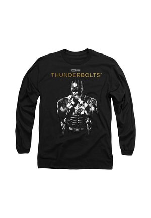Black long-sleeve t-shirt featuring a graphic of a superhero in a black and white costume, with "THUNDERBOLTS" printed in gold above.