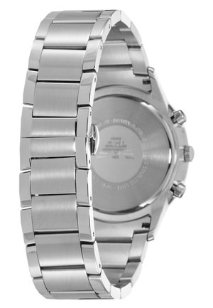 Silver stainless steel watch with a linked bracelet design. Features a smooth finish and a round case backing with engraved details.