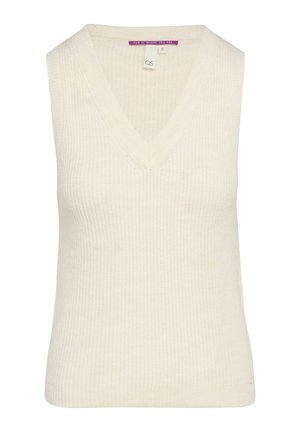 Top senza maniche a V in crema, con texture a coste, realizzato in materiale morbido. Presenta un'etichetta con la scritta "Il divertimento è dove sei tu." Taglia S.