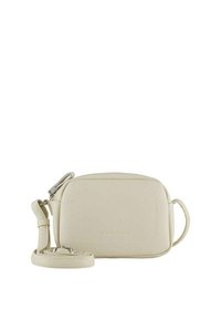 Cremfarbener Crossbody-Bag aus strukturiertem Leder. Rechteckige Form mit abnehmbarem Riemen und einem geprägten Logodetail auf der Vorderseite.