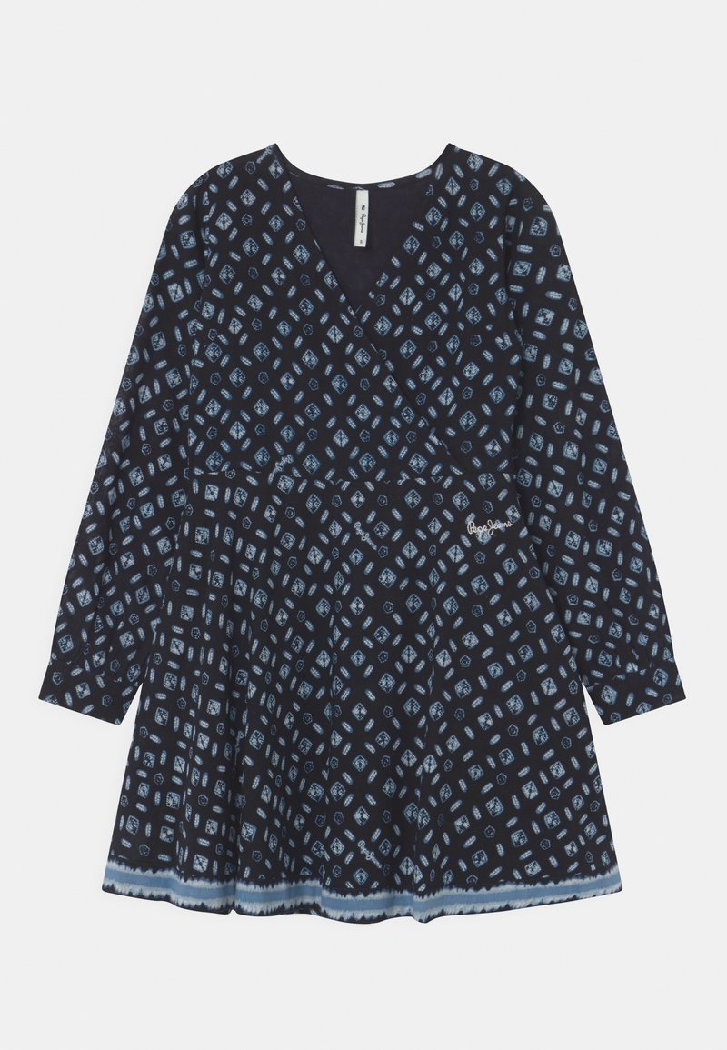 Námořnická modrá dlouhá šatová sukně s výstřihem do V, zdobená světle modrým geometrickým vzorem diamantů a pruhovaným lemem.