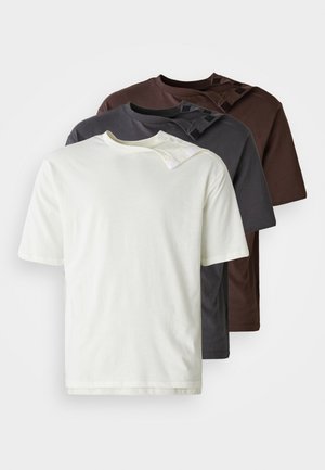 Set of three t-shirts in white, dark gray, and brown. Cotton material, crew neck, short sleeves, with a smooth texture and no patterns.
