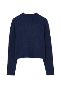 Dunkelblauer Kabelstrickpullover mit Rundhalsausschnitt, langen Ärmeln und Cropped-Saum, aus weichem, strukturiertem Stoff gefertigt.