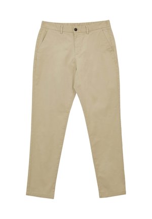 Beige Hosen aus einem glatten Stoff, mit Reißverschluss, Knopfverschluss und seitlichen Taschen. Gerades Bein mit sauberem Abschluss.