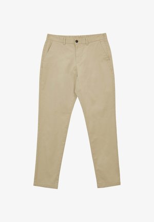 Pantaloni beige realizzati in un tessuto liscio, dotati di chiusura zip, bottone e tasche laterali. Design dritto con rifinitura pulita.