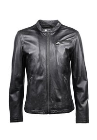 Černá kožená bunda s stojáčkovým límcem, zapínáním na zip vpředu a dvěma bočními kapsami. Má zipovanou náprsní kapsu a hladkou texturu.